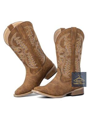Extra Wide Calf Cowgirl Boots Square Toe Faux Leather Embroidered Mid-Calf